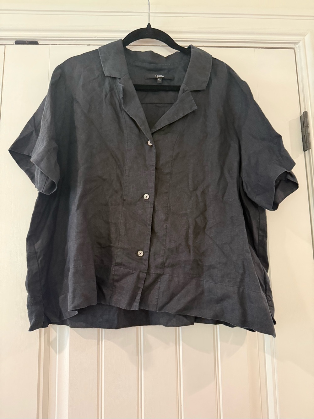 Quince European Linen Relaxed Short-Sleeve Button Down Top — black